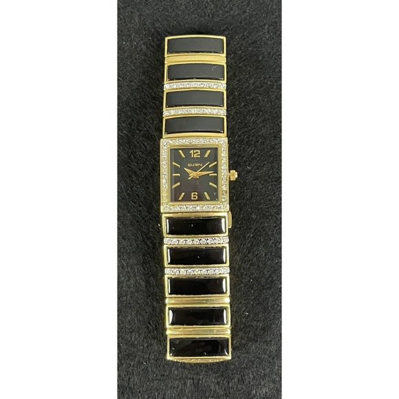 Elgin Vintage Rhinestone Bezel Band Gold Black Tone Watch New Battery 7.5\